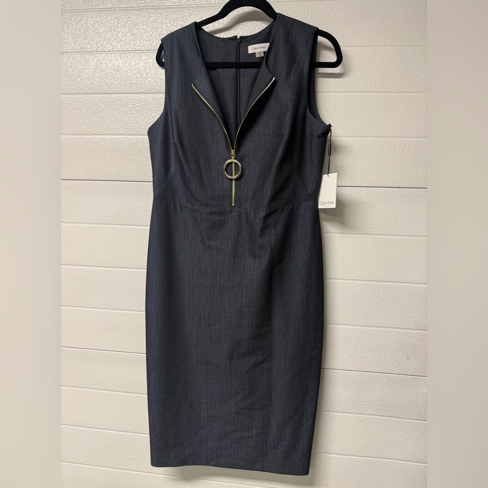 Calvin Klein Dark Navy Midi Sheath Dress with Gold Ring Zip